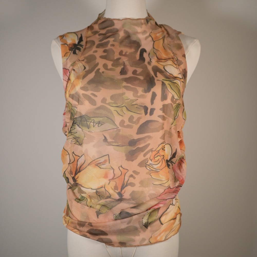 SHEIN Women Leopard Floral Mesh Mock Neck Sleeveless Ruched Top Orange Large